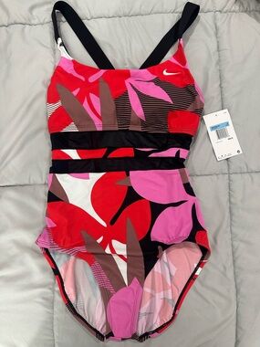 Nike Red, Pink & Black Floral One-Piece Swimsuit
